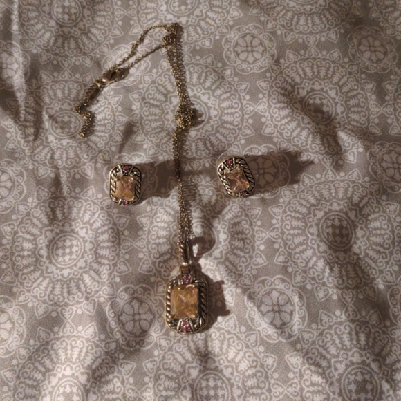 Pink Bezel Sterling Earrings Necklace Set - Picture 2 of 5